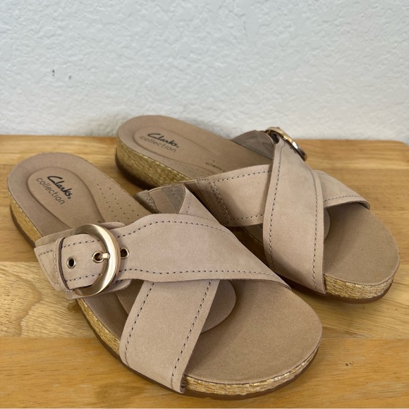 Clarks Collection Leather Slide Sandals Reileigh May Beige Size 10W - Picture 9 of 9